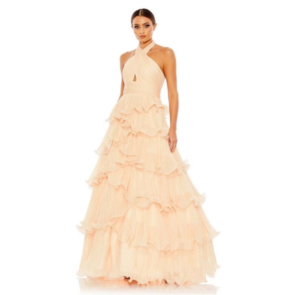MAC DUGGAL Pleated Ruffle Tiered Cross Halter Neck Ballgown